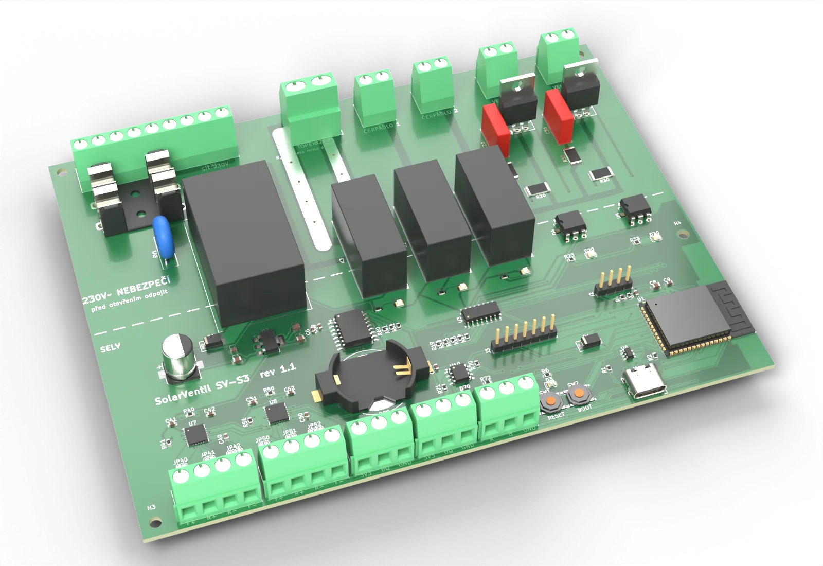 3D model osazené desky SolarVentil SV1 s čipem ESP32-S3: tři relé, dva triaky, síťový zdroj a svorkovnice