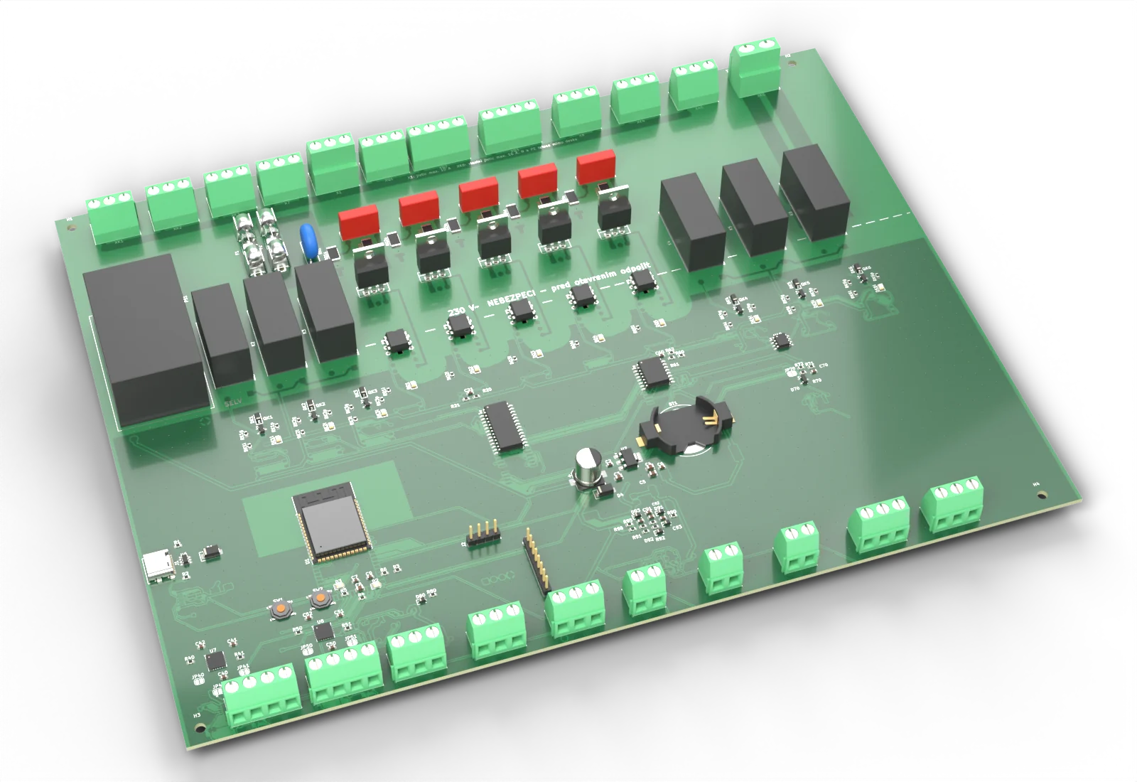 3D model osazené desky SolarVentil SV4 s čipem ESP32-S3: šest relé, pět triaků s optotriaky, síťový zdroj, svorkovnice pro čerpadla, ventily a čidla a modul ESP32-S3
